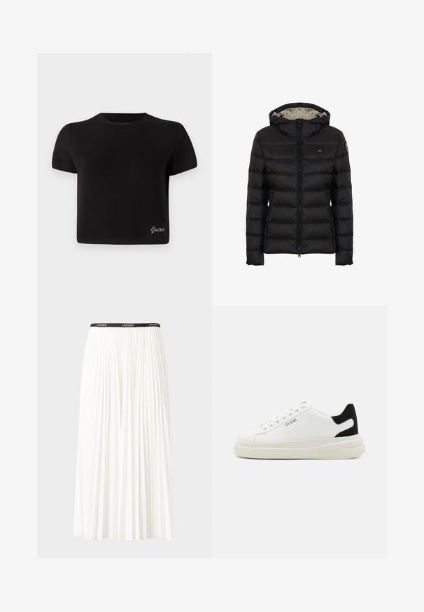 Schwarze gepolsterte Jacke mit Kapuze, ausgestattet mit einem Reißverschluss vorne, gestepptem Design und einem helleren Futter. Enthält ein Logo-Patch am Ärmel.; Schwarzes T-Shirt mit kurzen Ärmeln aus Baumwolle. Verfügt über einen runden Halsausschnitt und ein kleines silbernes "Guess"-Logo auf der unteren linken Seite.; Faltenrock aus Weiß mit einem schwarzen elastischen Bund, der das "LACOSTE"-Logo trägt. Mittellanges Design mit weicher Textur.; Weiße Leder-Sneaker mit einer dicken weißen Sohle, schwarzem Wildlederakzent an der Ferse und geprägtem Logo an der Seite. Schnürdesign mit sechs Ösen.