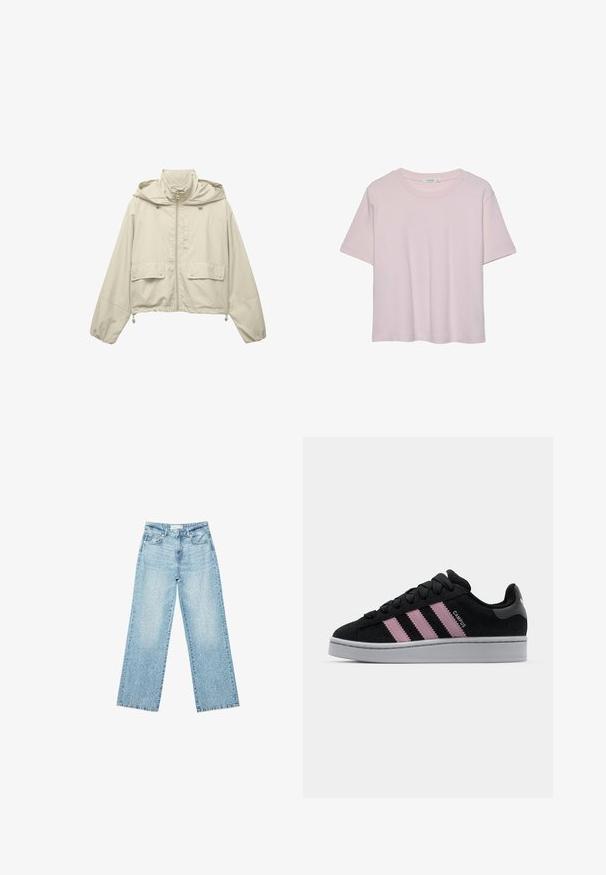 Ljust beige kort jacka, tillverkad av lätt material, med dragkedja framtill, huva, två framsidor fickor och justerbara dragsnören vid fållen.; Ljusrosa t-shirt med kort ärm och rund halsringning, tillverkad av mjukt material, med en ledig passform och rak nederkant.; Ljusblå denim byxor med vida ben och hög midja, med en blekt tvätt och små, utspridda slitna detaljer genom hela plagget.; Svart mocka sneaker med rosa tre-stripes design, grå gummisula och texturerad tunga. Har varumärke på sidan och hälen.