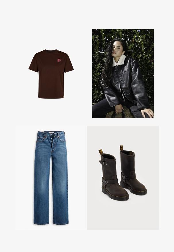 Sort jakke i kunstlæder med hvid kunstpelskrave, oversize pasform og to knaplukninger. Mørke jeans og en håndtaske er synlige.; Brun bomulds T-shirt med rund halsudskæring og korte ærmer. Har et lille pink logo på brystet og en lige kant.; Blå denim jeans med en vid benstruktur, fem lommer, knaplukning og kontraststing. Strukturstof med en falmet overflade.; Mørkebrune læderstøvler med en midt-lægre design, gule syninger, justerbare spænder og trækflapper på toppen. Struktureret finish.