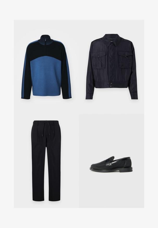 Dark navy bomber jacket made of sleek fabric. Features two chest pockets, a pointed collar, and a button closure at the waist.; Blue and black zip-up pullover with a high neck, ribbed texture, and long sleeves; features a gradient design with horizontal color blocks.; Black trousers made of smooth fabric, featuring a drawstring waist, straight legs, and front pleats for a structured look.; Black woven slip-on shoe with a smooth leather accent on the upper, a round toe design, and a low-profile rubber sole.