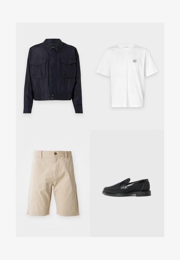 Tumma laivastonsininen pommikaukkuliivi, joka on valmistettu liukkaasta kankaasta. Siinä on kaksi rintataskua, kärjellinen kaulus ja nappikiinnitys vyötäröllä.; Valkoinen puuvillapaita, jossa on lyhyet hihat, pyöreä kaula-aukko ja pieni harmaa logo vasemmassa rintataskussa. Täydellinen sileä rakenne.; Kahvin puuvillashortsit, joissa on nappikiinnitys, vyölenkit ja sivutaskut; sileä pinta ja suora siluetti.; Musta kudottu liukupohjallinen kenka, jossa on sileä nahkakorostus päällisessä, pyöreä kärki ja matala kumipohja.