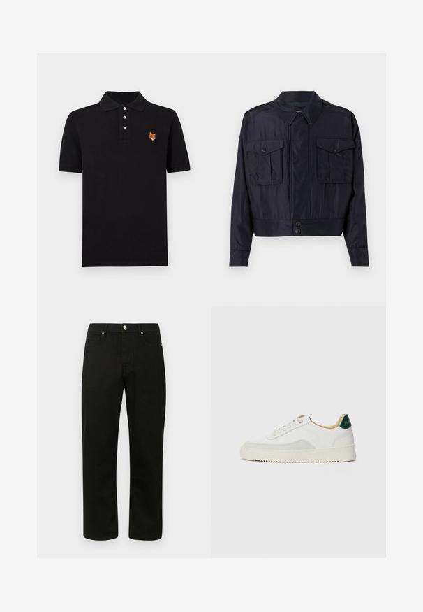 Tmavomodrá bomber bunda vyrobená z hladkej tkaniny. Obsahuje dve náprsné vrecká, špicatý golier a zapínanie na gombík v páse.; Čierna polokošeľa vyrobená z bavlny, s trojbtnou légou a vyšitou hlavou líšky na ľavej strane hrude. Krátke rukávy, klasický strih.; Čierne denimové džínsy so strihom rovného nohavicu, ktoré majú klasické usporiadanie piatich vreciek a strieborné vybavenie. Mäkko a texturované tkanivo.; Biele tenisky s semišovými akcentmi, zaoblenou špičkou, plochými šnúrkami a krémovou gumovou podrážkou. Na päte sú zelené značky.