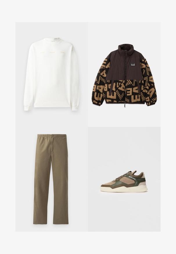 Hnědá a béžová zipová bunda s fleecovým povrchem, geometrické vzory na rukávech, vysoký límec a značka na hrudi.; Bílá mikina se zaobleným výstřihem, dlouhými rukávy a žebrovanými manžetami. Na hrudi je zlatý potisk s textem: "HZW (25-26) HOLZWEILER THE SUN."; Khaki kalhoty vyrobené z lehké látky. Mají elastický pás, zapínání na knoflík, rovné nohavice a hladkou texturu.; Béžové a zelené nízké tenisky s perforovanými stranami, bílou podešví, šněrováním vpředu a značkováním "FILLING PIECES" na bočním panelu.