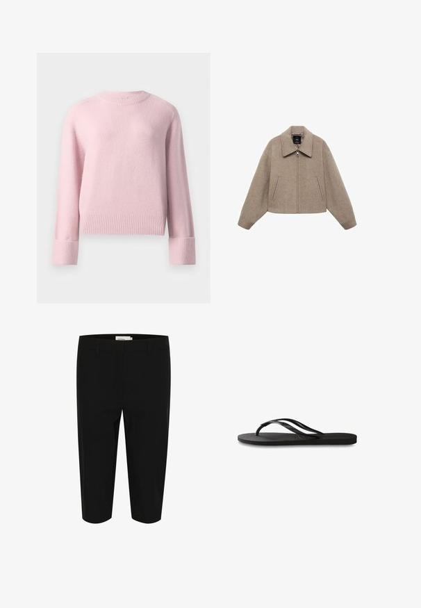 Skrajšan bež volneni jopič z velikim ovratnikom, sprednjim zadrgo in dvema stranskima žepoma; ima mehak teksturo in minimalističen dizajn.; Mehka roza pulover s krožnim izrezom in dolgimi rokavi, z rebrastimi manšeti in robom, prikazan na enobarvni beli podlagi.; Črne bermuda hlače iz tkanine. Imajo dva sprednja žepa in čisto pasnico z zankami za pas. Gladka tekstura in prilagojen kroj.; Črne natikače z teksturirano gumijasto podlogo, dvema ozkima trakoma in subtilnim, vtisnjenim logom na traku.