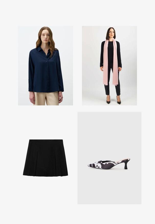 Gekürzte, beigem Wolle-Jacke mit großem Kragen, Frontreißverschluss und zwei seitlichen Taschen; verfügt über eine weiche Textur und minimalistisches Design.; Marineblaues Button-Up-Hemd mit Kragen, langen Ärmeln und einem glatten, glänzenden Stoff. Hat eine entspannte Passform und ein minimalistisches Design.; Kurzärmliger Strickpullover in Creme mit einem braunen abstrakten Druck. Gerippter Rundhalsausschnitt und Bündchen, weiche Textur, lockere Passform.; Schwarzer, plissierter Minirock aus glattem, strukturiertem Stoff mit einem dezenten seitlichen Reißverschluss. Verfügt über gleichmäßig verteilte vertikale Falten.; Schwarze und weiße Slingback-High Heels mit spitzem Schuhdesign im Kuhfellmuster. Obermaterial aus Stoff mit strukturierter Oberfläche und schmalem schwarzen Absatz.; Heller rosa Schal aus weichem Material, locker um den Hals drapiert. Getragen mit einem schwarzen Pullover und dunklen Hosen. Hochhackige Schuhe runden den Look ab.; Braune Leder-Handtasche mit strukturiertem Oberfläche und Monogramm-Muster. Verfügt über eine geschwungene Form, goldfarbene Hardware und einen abnehmbaren Gurt.