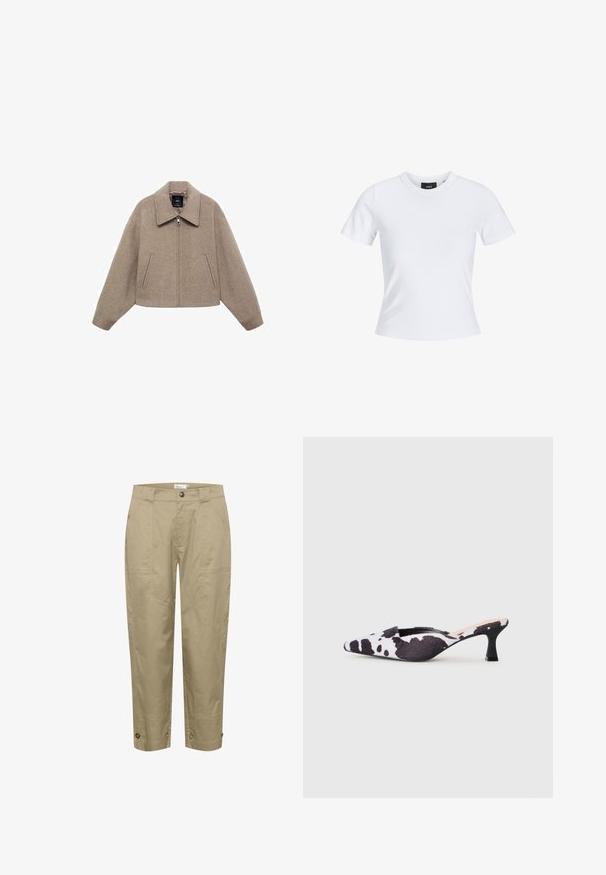 Geknipt, beige wollen jas met een grote kraag, een rits aan de voorkant en twee zijzakken; heeft een zachte textuur en een minimalistisch ontwerp.; Witte T-shirt met korte mouwen en een ronde hals, gemaakt van katoen, met een getailleerde snit en een zwart merklabel aan de binnenkant van de kraag.; Beige, lichte broek met een rechte pasvorm, voorzien van zijzakken en knoopaccenten aan de zoom voor een aanpasbare pasvorm en stijl.; Puntige slingbackhakken in zwart-wit koeienprintdesign. Bovenwerk van stof met een gestructureerde afwerking en een slanke zwarte hak.