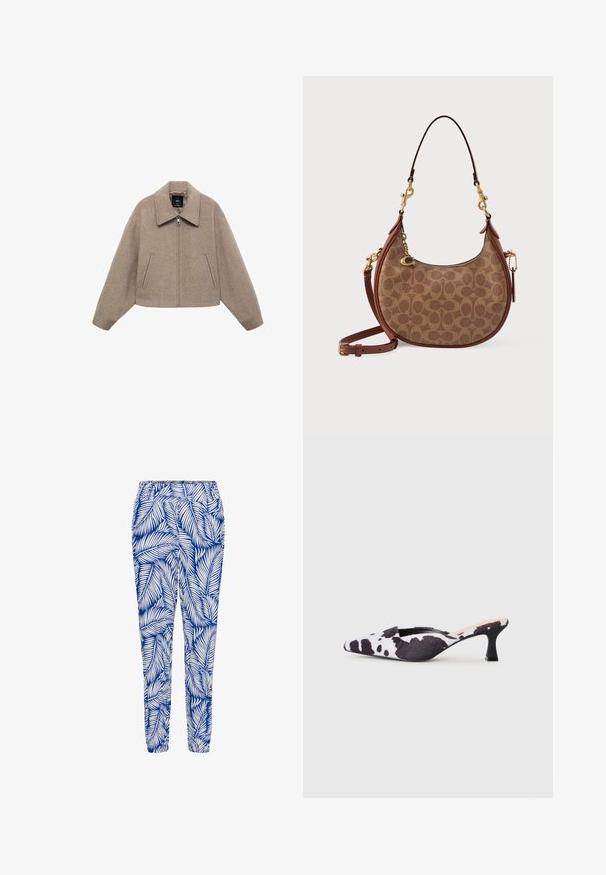 Zrezaná béžová vlnená bunda s veľkým golierom, predným zipsom a dvoma bočnými vreckami; má mäkkú textúru a minimalistický dizajn.; Biele tričko s krátkym rukávom a okrúhlym výstrihom, vyrobené z bavlny, s priliehavým strihom a čiernym logom značky vo vnútri goliera.; Modré a biele nohavice s potlačou listov, elastickým pásom a zúženými manžetami, vyrobené z ľahkej a priedušnej tkaniny.; Sústredené lodičky s otvorenou pätou v čierno-bielom dizajne s kravskou potlačou. Textilný zvršok s textúrovaným povrchom a štíhly čierny podpätok.; Hnedá kožená kabelka s textúrovaným povrchom a monogramom. Má zakrivený tvar, zlaté kovanie a odnímateľný popruh.
