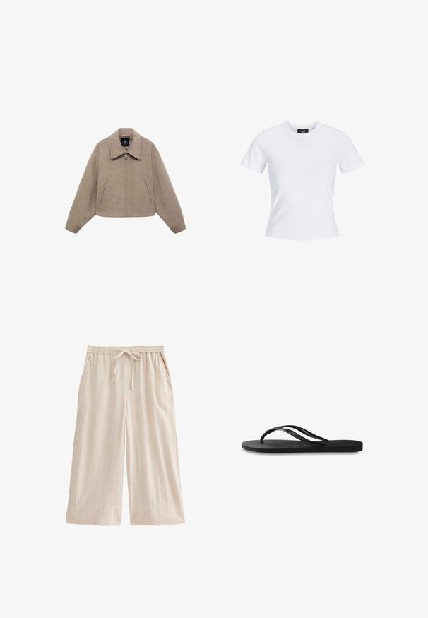 Geknipt, beige wollen jas met een grote kraag, een rits aan de voorkant en twee zijzakken; heeft een zachte textuur en een minimalistisch ontwerp.; Witte T-shirt met korte mouwen en een ronde hals, gemaakt van katoen, met een getailleerde snit en een zwart merklabel aan de binnenkant van de kraag.; Beige linnen culottes met een elastische tailleband, verstelbaar trekkoord, zijzakken en een ontspannen wijduitlopende pasvorm.; Zwarte flip-flop met een gestructureerde rubberen zool, twee slanke banden en een subtiele, ingedrukte logo-detail op de band.