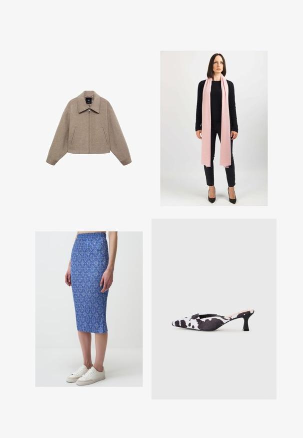 Veste en laine beige raccourcie avec un grand col, fermeture éclair à l'avant et deux poches latérales ; elle présente une texture douce et un design minimaliste.; Pull en tricot à manches courtes en crème, avec un motif abstrait marron. Encolure ronde côtelée et poignets côtelés, texture douce, coupe décontractée.; Jupe midi à motifs bleus avec une silhouette ajustée, ceinture élastique et texture côtelée, associée à des baskets blanches.; Talons slingback à bout pointu en design imprimé vache noir et blanc. Tige en tissu avec finition texturée et un fin talon noir.; Écharpe rose clair en matériau doux, drapée librement autour du cou. Portée avec un pull noir et un pantalon sombre. Des chaussures à talons hauts complètent le look.; Sac à main en cuir brun avec une surface texturée et un motif monogrammé. Doté d'une forme incurvée, de quincaillerie dorée et d'une bandoulière amovible.