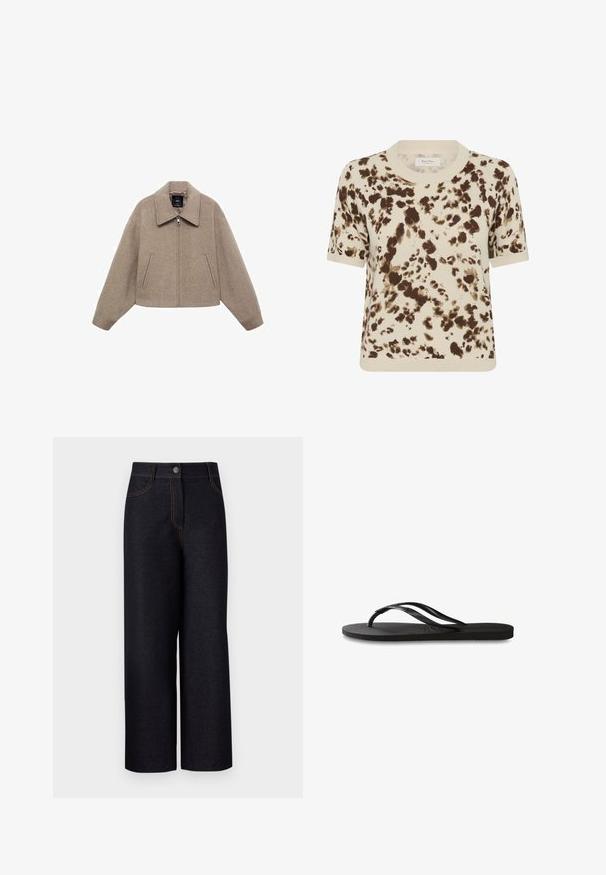 Geknipt, beige wollen jas met een grote kraag, een rits aan de voorkant en twee zijzakken; heeft een zachte textuur en een minimalistisch ontwerp.; Korte mouw gebreide trui in crème, met een bruine abstracte print. Geribde ronde halslijn en manchetten, zachte textuur, relaxte pasvorm.; Donkerdenim wijde broek met hoge taille, contrasterende oranje stiksels, voorzakken en een sluiting met knoop aan de voorkant.; Zwarte flip-flop met een gestructureerde rubberen zool, twee slanke banden en een subtiele, ingedrukte logo-detail op de band.