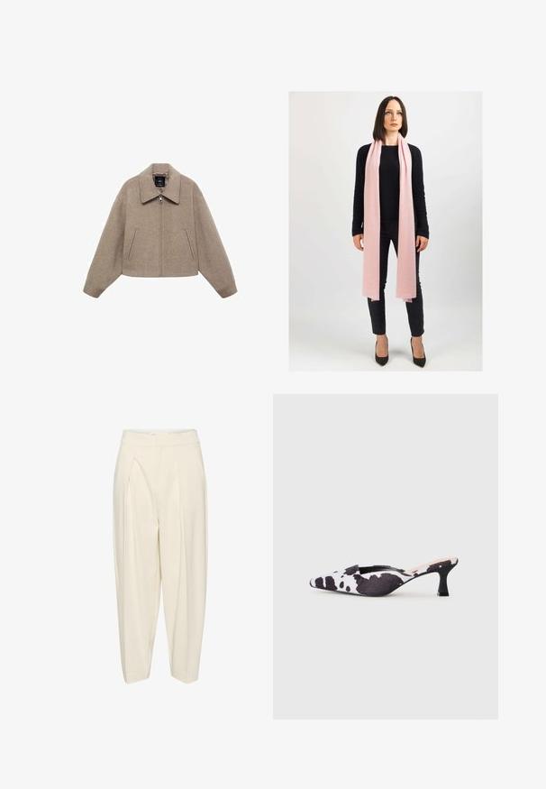 Lyhennetty beige villatakki, jossa on suuri kaulus, edessä vetoketju ja kaksi sivutaskua; siinä on pehmeä tekstuuri ja minimalistinen muotoilu.; Lyhythihainen neulepusero kerma Beige, jossa on ruskea abstrakti printti. Ribatut pyöreät pääntie ja hihansuut, pehmeä rakenne, rento istuvuus.; Kermanväriset räätälöidyt housut, joissa on korkea vyötärö, laskostettu etuosa ja kapenevat lahkeet. Valmistettu sileästä kankaasta ilman kuvioita tai koristeita.; Korkokenkä, jossa on terävä kärki ja kantapää, mustavalkoisessa lehmäkuosisessa muotoilussa. Kangaspinta, jossa on teksturoitu pinta ja ohut musta korko.; Vaaleanpunainen huivi pehmeää materiaalia, roikkuvana löysästi kaulalla. Yhdistetty mustaan neuleeseen ja tummiin housuihin. Korkeakorkoiset kengät viimeistelevät asun.; Ruskea nahkalaukku, jossa on teksturoitu pinta ja monogrammikuosi. Ominaisuuksiin kuuluu kaareva muoto, kultaiset yksityiskohdat ja irrotettava olkahihna.