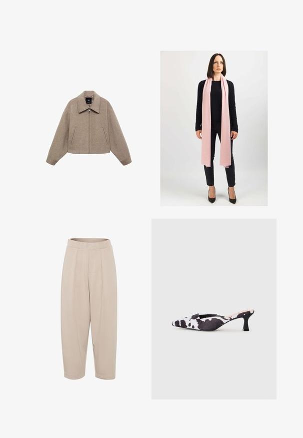Gekürzte, beigem Wolle-Jacke mit großem Kragen, Frontreißverschluss und zwei seitlichen Taschen; verfügt über eine weiche Textur und minimalistisches Design.; Kurzärmliger Strickpullover in Creme mit einem braunen abstrakten Druck. Gerippter Rundhalsausschnitt und Bündchen, weiche Textur, lockere Passform.; Beige, knielange Hose aus weichem Stoff. Merkmale einen breiten Bund, Vorderfalten und schmal zulaufende Beine mit fixierten Säumen.; Schwarze und weiße Slingback-High Heels mit spitzem Schuhdesign im Kuhfellmuster. Obermaterial aus Stoff mit strukturierter Oberfläche und schmalem schwarzen Absatz.; Heller rosa Schal aus weichem Material, locker um den Hals drapiert. Getragen mit einem schwarzen Pullover und dunklen Hosen. Hochhackige Schuhe runden den Look ab.