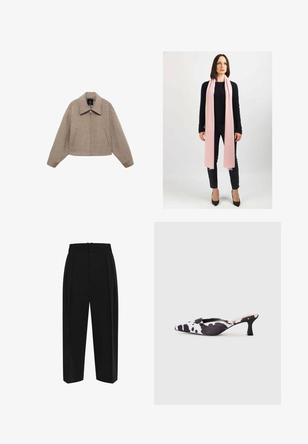 Cropped, beige wool jacket with a large collar, front zipper, and two side pockets; features a soft texture and minimalistic design.; Short-sleeve knit sweater in cream, featuring a brown abstract print. Ribbed round neckline and cuffs, soft texture, relaxed fit.; Black trousers with a high waist, pleated front, and a straight leg design. Made from smooth fabric with a clean finish and no visible hardware.; Pointed-toe slingback heels in black and white cow print design. Fabric upper with a textured finish and a slim black heel.; Light pink scarf in soft material, draped loosely around the neck. Worn with a black sweater and dark pants. High-heeled shoes complete the look.