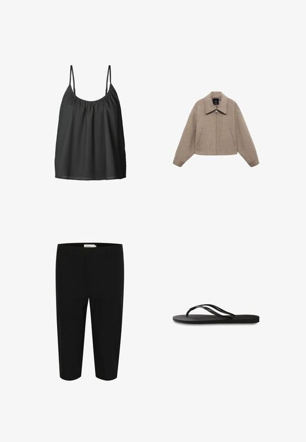 Geknipt, beige wollen jas met een grote kraag, een rits aan de voorkant en twee zijzakken; heeft een zachte textuur en een minimalistisch ontwerp.; Zwart mouwloos topje met dunne verstelbare schouderbandjes, geplooide halslijn en losse pasvorm. Gemaakt van lichtgewicht stof met een gladde textuur.; Zwarte bermuda shorts van geweven stof. Heeft twee voorkruiden en een nette tailleband met riemlussen. Glad oppervlak en slim fit.; Zwarte flip-flop met een gestructureerde rubberen zool, twee slanke banden en een subtiele, ingedrukte logo-detail op de band.