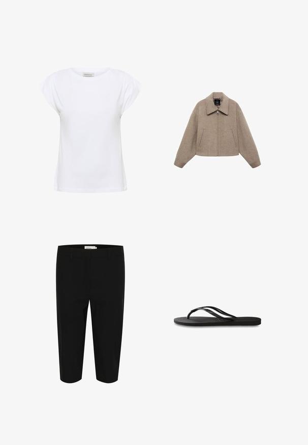 Lyhennetty beige villatakki, jossa on suuri kaulus, edessä vetoketju ja kaksi sivutaskua; siinä on pehmeä tekstuuri ja minimalistinen muotoilu.; Valkoinen t-paita pehmeästä puuvillasta, jossa on pyöreä kaula-aukko ja lyhyet, laskosteet hihat. Helma on suora ja hieman löysä.; Mustat bermuda-shortsit, jotka on valmistettu kudotusta kankaasta. Ominaisuuksiin kuuluu kaksi etutaskua ja siisti vyötärö, jossa on vyölenkit. Sujuva pinta ja muotoon ommeltu istuvuus.; Mustat flip-flopit, joissa on röpelöinen kumipohja, kaksi hoikkaa remmiä ja hillitty, kohokuvioitu logotyyli remmissä.