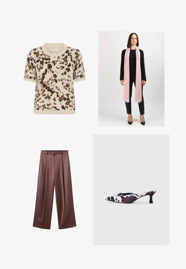 Giacca in lana beige, cropped, caratterizzata da un ampio colletto, chiusura frontale con zip e due tasche laterali; presenta una consistenza morbida e un design minimalista.; Maglione a maniche corte in crema, con una stampa astratta marrone. Collo rotondo e polsini a costine, texture morbida, vestibilità rilassata.; Pantaloni a gamba larga in tessuto marrone scuro con una texture liscia, caratterizzati da pieghe frontali e tasche laterali. Vita rifinita senza hardware visibile.; Décolleté slingback in design di stampa bovina bianco e nero. Parte superiore in tessuto con finitura testurizzata e tacco nero sottile.; Sciarpa rosa chiaro in morbido materiale, drappata liberamente attorno al collo. Indossata con un maglione nero e pantaloni scuri. Scarpe con tacchi alti completano il look.; Borsa a pochette in morbido pelliccia sintetica marrone scuro con parte superiore arricciata e cordini neri da entrambi i lati.