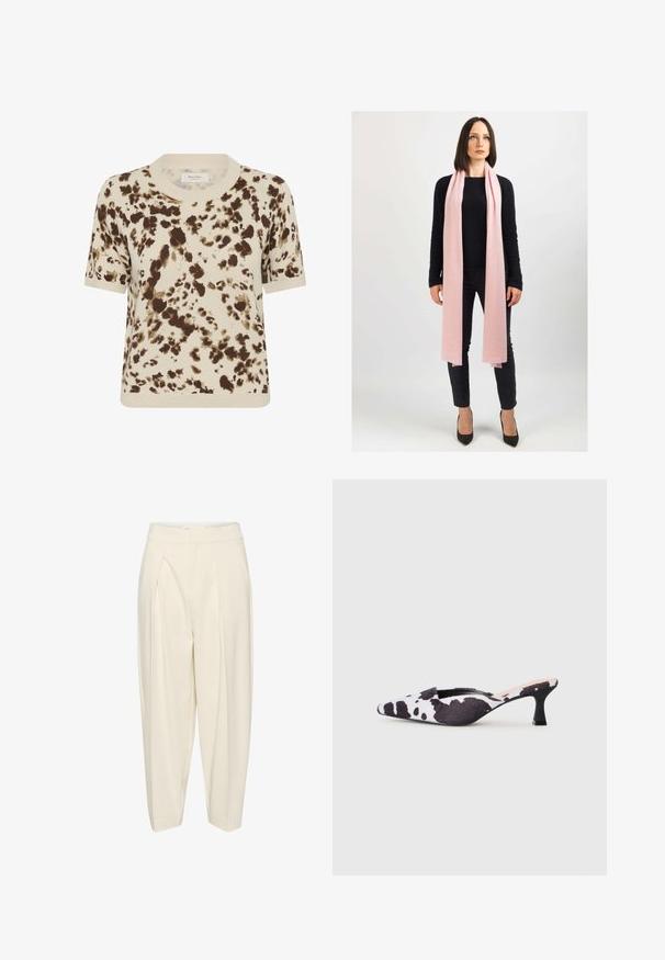 Cropped, beige wool jacket with a large collar, front zipper, and two side pockets; features a soft texture and minimalistic design.; Short-sleeve knit sweater in cream, featuring a brown abstract print. Ribbed round neckline and cuffs, soft texture, relaxed fit.; Cream-colored tailored trousers with a high waist, pleated front, and tapered legs. Made from a smooth fabric with no patterns or embellishments.; Pointed-toe slingback heels in black and white cow print design. Fabric upper with a textured finish and a slim black heel.; Light pink scarf in soft material, draped loosely around the neck. Worn with a black sweater and dark pants. High-heeled shoes complete the look.; Brown leather handbag with a textured surface and a monogram pattern. Features a curved shape, gold hardware, and a detachable strap.