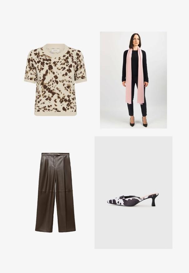 Cropped, beige wool jacket with a large collar, front zipper, and two side pockets; features a soft texture and minimalistic design.; Short-sleeve knit sweater in cream, featuring a brown abstract print. Ribbed round neckline and cuffs, soft texture, relaxed fit.; Brown leather wide-leg pants with a smooth texture, featuring pleats at the front and a classic waistband design.; Pointed-toe slingback heels in black and white cow print design. Fabric upper with a textured finish and a slim black heel.; Light pink scarf in soft material, draped loosely around the neck. Worn with a black sweater and dark pants. High-heeled shoes complete the look.