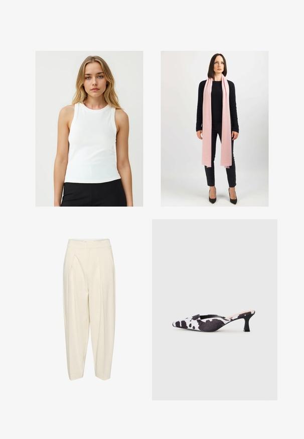 Skrócona, beżowa wełniana kurtka z dużym kołnierzem, przednim zamkiem błyskawicznym i dwoma bocznymi kieszeniami; wyróżnia się miękką fakturą i minimalistycznym designem.; Młoda kobieta z długimi blond włosami, ubrana w białą bezrękawnik i czarne spodnie, stojąca na tle jednolitego jasnego tła.; Kremowe, dopasowane spodnie o wysokim stanie, z plisowanym przodem i zwężanymi nogawkami. Wykonane z gładkiego materiału bez wzorów i dekoracji.; Sandały na obcasie z odkrytymi palcami w czarno-białą skórkę krowy. Tkaninowa cholewka o teksturowanym wykończeniu i smukły czarny obcas.; Jasnoróżowy szalik z miękkiego materiału, luźno zarzucony na szyję. Noszony z czarnym swetrem i ciemnymi spodniami. Wysokie obcasy dopełniają całość.; Brązowa skórzana torebka o teksturowanej powierzchni i wzorze monogramu. Posiada zaokrąglony kształt, złote metalowe elementy oraz odczepiany pasek.