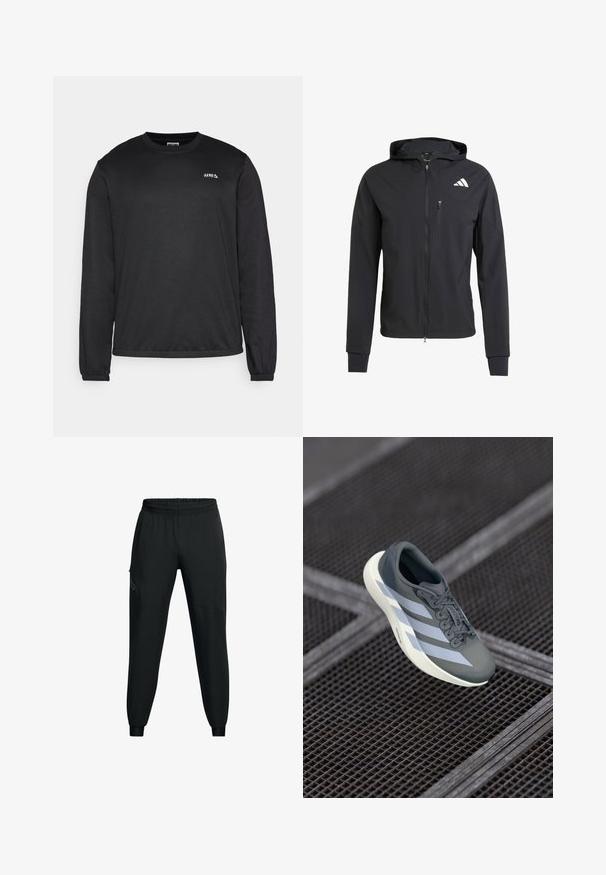 Chaqueta con capucha de color negro y cremallera, hecha de un tejido suave y ligero. Presenta un bolsillo en el pecho con cremallera y un detalle del logo en el lado superior izquierdo.; Sudadera negra de manga larga con cuello redondo, puños elásticos y un pequeño logo blanco en la parte superior izquierda del pecho. Textura suave.; Pantalones deportivos negros con cinturilla elástica, diseño de pierna ajustada, bolsillos laterales y detalles de paneles en contraste. Tejido ligero y suave.; Zapatilla deportiva en gris y blanco, hecha de material sintético, con un diseño aerodinámico, acabado texturizado y un sistema de cordones prominente.