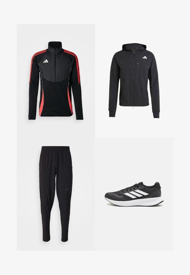 Črna zip-up kapuca iz mehkega, lahkotnega materiala. Ima žep na prsih z zadrgo in detajl logotipa na zgornji levi strani.; adidas Performance TIRO24 WINTERIZED - Športni pulover - black/shock red; Črne športne hlače z elastiko v pasu, zožanega kroja, stranskimi žepi in diskretnim logotipom. Narejene iz fleksibilnega, zračnega materiala.; Črne športne čevlje z zračnim mrežastim zgornjim delom, belimi akcenti in oblazinjeno podplatom. Imajo tri črte logo na strani.