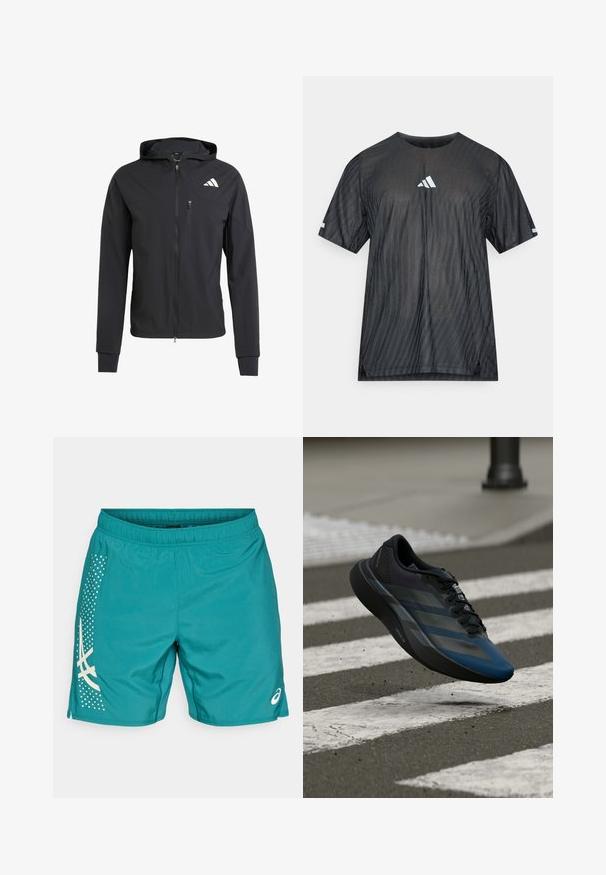 Jachetă neagră cu fermoar, cu glugă, realizată dintr-un material moale și ușor. Prezintă un buzunar pe piept cu fermoar și detalii cu logo în partea stângă sus.; Tricou sportiv negru cu mâneci scurte, având un model texturat cu dungi diagonale și un logo Adidas alb pe piept și mâneci.; Pantaloni scurți sport de culoare teal cu un tiv elastic la spate, având un model cu puncte albe și un logo pe lateral. Textură ușoară și netedă.; Pantof sportiv negru și albastru cu un design aerodinamic, având o parte superioară texturată, dungi contrastante și o talpă amortizată, plutind deasupra asfaltului.