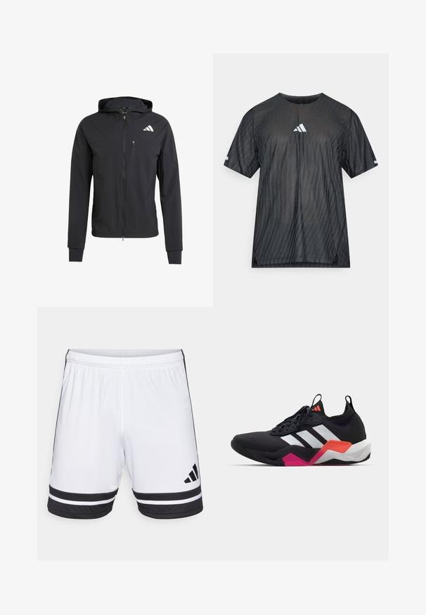 Črna zip-up kapuca iz mehkega, lahkotnega materiala. Ima žep na prsih z zadrgo in detajl logotipa na zgornji levi strani.; Črna športna majica s kratkimi rokavi, z teksturiranim diagonalnim vzorcem črt in belim logotipom Adidas na prsih in rokavih.; Bele kratke hlače za šport, bele barve s črnimi vodoravnimi črtami na robu in črnim Adidasovim logotipom. Elastičen pas za prilagodljivost.; Črne športne čevlje z belimi črtami, teksturirano zgornjim delom in robustnim podplatom z oranžnimi, roza in belimi poudarki. Zavezovanje z vlečno spono.