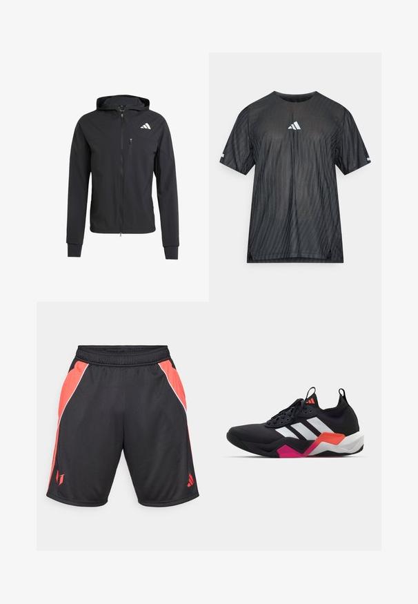 Mustmust mustrip ja pehmeast, kerge kangast. Varustatud lukuga rinna tasku ja logoga detail vasakul ülal.; Must spordisärk lühikeste varrukatega, millel on tekstuuriga diagonaalse triibumustriga ja valge Adidas logo rinnal ja varrukatel.; Mustad mustikud sportlikud lühikesed püksid punaste külgpaneelidega, valge aktsentmaterjaliga ääristatud, elastse vöökoha ja logoga vasakul allservas.; Mustaline spordijalats valgete triipudega, tekstureeritud ülemise osaga ja pehme tallaga, millel on oranžid, roosad ja valged aktsendid. Sidumisdisain koos tõmblukuga.