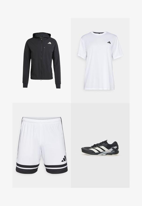 Zwarte ritssluiting capuchonjack van zacht, lichtgewicht materiaal. Heeft een ritszak op de borst en een logo-detail aan de bovenste linkerkant.; Witte sport T-shirt met korte mouwen, gemaakt van vochtafvoerende stof. Heeft een zwart logo op de linkerkant van de borst en een gemusterde binnenhals.; Witte sportshorts met zwarte horizontale strepen aan de onderkant en een zwart Adidas-logo. Elastische tailleband voor een verstelbare pasvorm.; Zwarte sportschoen met witte strepen, bovenwerk van mesh, ronde neus en geveerde zool. Heeft een getextureerde hak en een veilig vetersysteem.