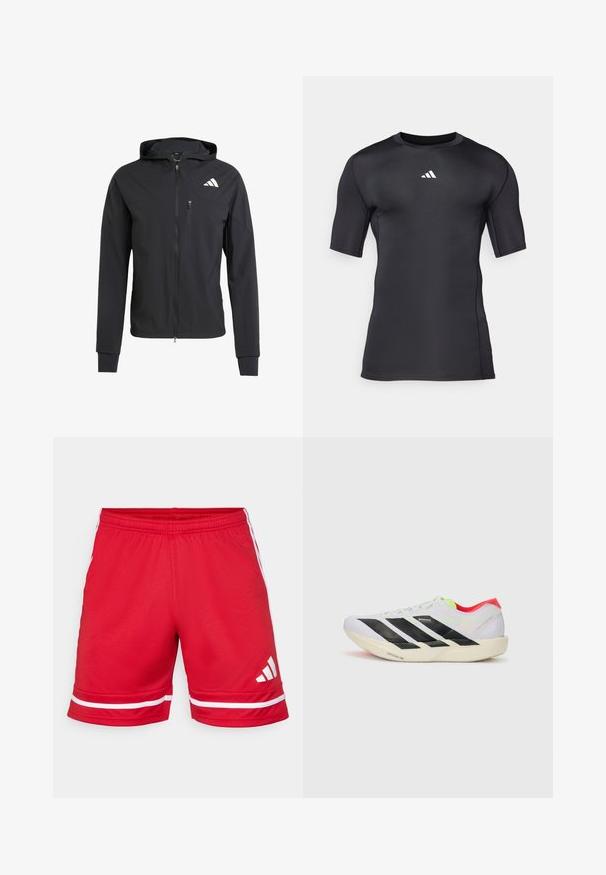 Čierna zipsová bunda s kapucňou vyrobená z mäkkej, ľahkej tkaniny. Má zipsovú náprsné vrecko a logo umiestnené v hornej ľavej časti.; Čierne športové tričko s krátkym rukávom vyrobené z hladkej, elastickej tkaniny. Obsahuje biely logo na hrudi a ploché švy pre pohodlie.; Červené športové šortky vyrobené z ľahkej tkaniny, s bielymi horizontálnymi pruhmi na leme a bielym logom na ľavej nohe.; Biele behacie topánky s čiernymi pruhmi, neonovo zelenými akcentmi a červeným podpätkom. Majú ľahkú konštrukciu a textúrovanú podrážku pre lepšiu trakciu.