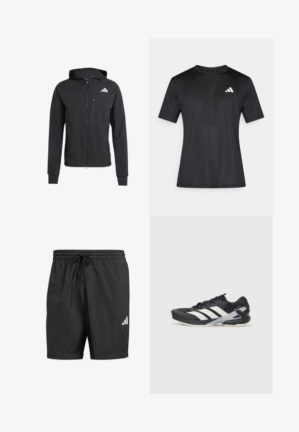 Svart hettejakke med glidelås laget av mykt, lett materiale. Har en glidelåslomme på brystet og logo detaljer øverst til venstre.; Svart atletisk t-skjorte laget av lett nettstoff, med korte ermer og en hvit logo på venstre bryst.; Svart treningshorts laget av lett stoff, med elastisk midjebånd og snor, og en hvit Adidas-logo nederst til høyre.; Svart treningssko med hvite striper, mesh-overdel, avrundet tå og polstret såle. Har en teksturert hæl og et sikkert snøresystem.