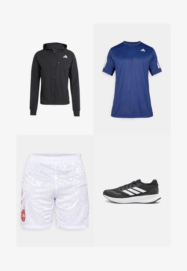 Sort zip-up hættetrøje lavet af blødt, letvægtsstof. Har en lynlåslomme på brystet og logo-detalje på øverste venstre side.; Marineblå kortærmet træningsskjorte lavet af glat stof, med rund hals og en hvid logo detalje på øverste venstre bryst.; Hummel DENMARK HOME SHORTS - Korte sportsbukser - white/tango red; Sort atletik sko med åndbart mesh-overdel, hvide accenter og en polstret sål. Har tre-stripes logo på siden.