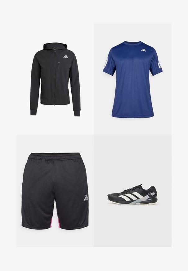 Casaco com capuz preto, com fecho éclair, feito de um tecido suave e leve. Possui um bolso no peito com fecho éclair e detalhe do logo no lado superior esquerdo.; Camisola atlética de manga curta azul marinho, feita de tecido suave, com decote redondo e um detalhe do logótipo branco na parte superior esquerda do peito.; Calções atléticos pretos com cintura elástica, detalhes rosa nas laterais e logotipo prateado da Adidas na parte inferior direita da frente.; Sapata atlética preta com riscas brancas, parte superior em malha, biqueira arredondada e sola acolchoada. Apresenta um calcanhar texturizado e um sistema de atacadores seguro.