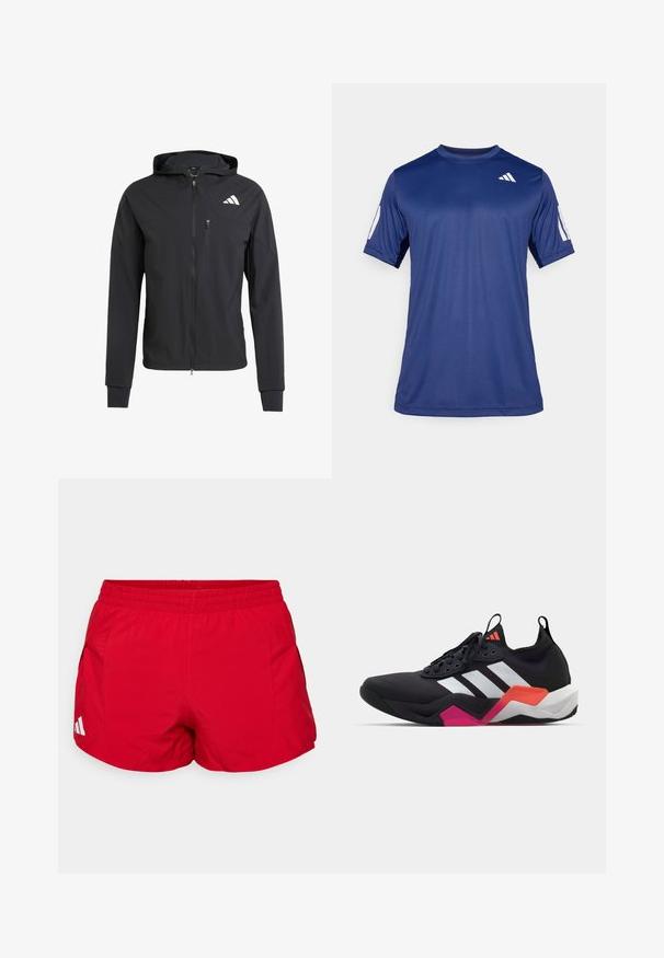 Zwarte ritssluiting capuchonjack van zacht, lichtgewicht materiaal. Heeft een ritszak op de borst en een logo-detail aan de bovenste linkerkant.; Navyblauw sportshirt met korte mouwen, gemaakt van een gladde stof, met een ronde hals en een wit logodetail op de bovenste linkerborst.; Rode sportieve shorts gemaakt van lichtgewicht stof met een elastische tailleband. Beschikt over zijzakken en een witte logo-accent bij de zoom.; Zwarte sportschoen met witte strepen, textuur bovenwerk en een chunky zool met oranje, roze en witte accenten. Vetersluiting met een treklus.