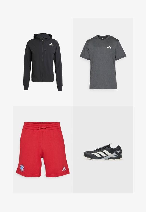 Mustmust mustrip ja pehmeast, kerge kangast. Varustatud lukuga rinna tasku ja logoga detail vasakul ülal.; Tumehall sportliku stiiliga T-särk, mis on valmistatud hingavast kangast, lühikeste varrukatega ja valge logo aktsendiga vasakul rinnal. Struktureeritud pind.; Punased spordilühikesed püksid pehmest ja hingavast kangast. Omavad elastset vööd tõmbluku ja FC Bayern Müncheni logo, samuti Adidas'i brändimist.; Mustad sportlik jalanõud mustade värvidega, valgete triipudega, võrgusilma pealmine osa, ümar varvas ja pehme tallaga. Omab tekstureeritud kontsa ja kindlat paeltesüsteemi.