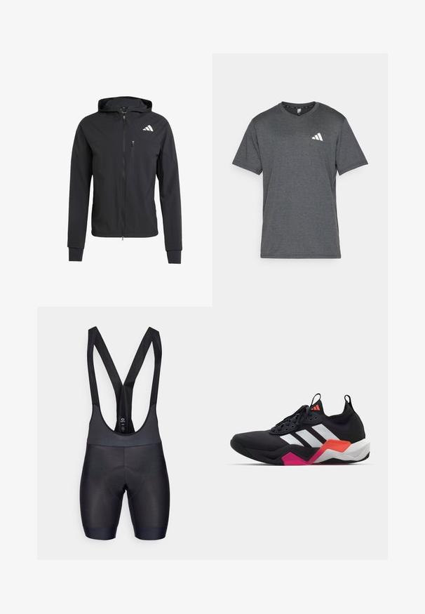 Juodas užtrauktuku užsegamas džemperis su gobtuvu, pagamintas iš minkštos, lengvos medžiagos. Turi užtrauktuką krūtinės kišenėje ir logotipą viršutiniame kairiajame kampe.; Tamsiai pilkas sportinis marškinėliai, pagaminti iš orui pralaidaus audinio, su trumpomis rankovėmis ir baltu logotipo akcentu kairėje krūtinės pusėje. Struktūruotas paviršius.; Juodos dviratininkų šortai su tekstūruota medžiaga, paminkštinta chamois dalimi komfortui ir reguliuojamomis petnešomis. Lygus paviršių ir prigludusi dizainas.; Juodos sportinės bateliai su baltais dryžiais, tekstūruota viršutinė dalis ir masyvus padas su oranžinėmis, rožinėmis ir baltomis detalėmis. Su raišteliais ir su traukimo juostele.