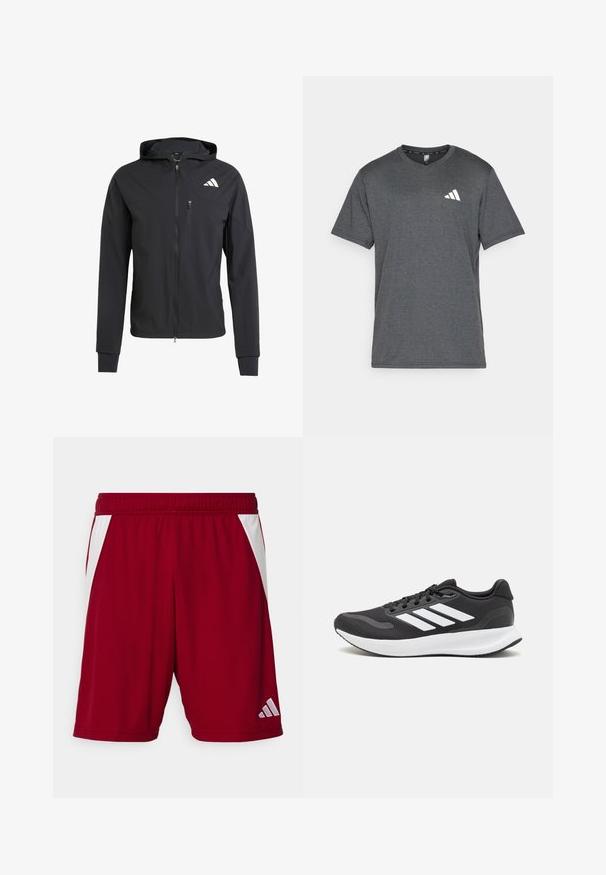 Jachetă neagră cu fermoar, cu glugă, realizată dintr-un material moale și ușor. Prezintă un buzunar pe piept cu fermoar și detalii cu logo în partea stângă sus.; Tricou sportiv gri închis, realizat din material respirabil, cu mâneci scurte și un accent cu logo alb pe partea stângă a pieptului. Suprafață texturată.; Șorturi atletice roșii cu o textură netedă, accente laterale albe, talie elastică și un logo reflective al mărcii în colțul din dreapta jos.; Pantof cu aspect sport de culoare neagră, cu un upper din plasă respirabilă, accente albe și o talpă amortizată. Include logo-ul cu trei dungi pe lateral.