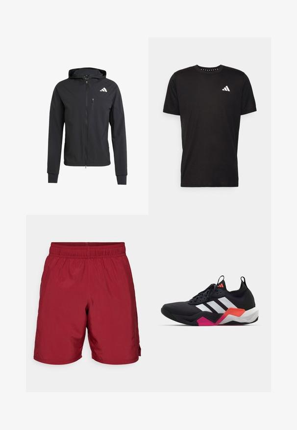 Svart hettejakke med glidelås laget av mykt, lett materiale. Har en glidelåslomme på brystet og logo detaljer øverst til venstre.; Svart bomulls t-skjorte med korte ermer, rund hals og en hvit logo på venstre bryst. Glatt tekstur og enkelt design.; Bordeaux elastiske shorts med rette ben og en lomme på højre side, vist på en ensfarvet hvid baggrund.; Sorte idrettssko med hvite striper, teksturert overdel og en kraftig såle med oransje, rosa og hvite detaljer. Snøring med trekkstroppe.