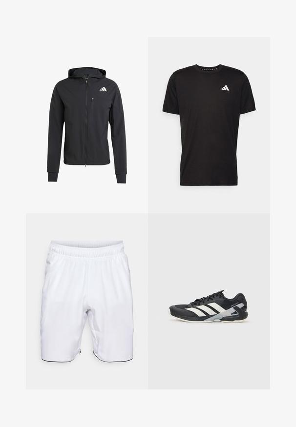 Svart hettejakke med glidelås laget av mykt, lett materiale. Har en glidelåslomme på brystet og logo detaljer øverst til venstre.; Svart bomulls t-skjorte med korte ermer, rund hals og en hvit logo på venstre bryst. Glatt tekstur og enkelt design.; Hvite idrettsshorts laget av lett materiale. Har en elastisk midje og sidelommer, med kontrasterende svart kant langs sømmen.; Svart treningssko med hvite striper, mesh-overdel, avrundet tå og polstret såle. Har en teksturert hæl og et sikkert snøresystem.