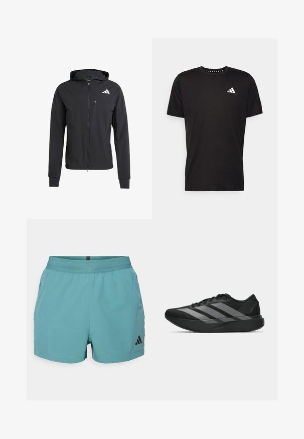 Musta vetoketjullinen huppari, joka on valmistettu pehmeästä ja kevyestä kankaasta. Siinä on vetoketjullinen rintatasku ja logotunnus vasemmalla ylhäällä.; Musta puuvillapaita lyhyillä hihoilla, pyöreä pääntie ja valkoinen logo vasemmassa rinnassa. Sujuva rakenne ja yksinkertainen muotoilu.; Teal urheilushortsit, joissa on teksturoitu vyötärö, sivutaskut ja musta Adidas-logo oikealla alhaalla. Kevyt kangas.; Mustat urheilukengät, joissa on kevyt muotoilu, kolme näkyvää harmaata raitaa, sileä pinta ja muotoiltu pohja.