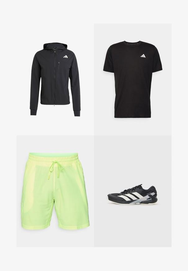 Giacca nera con zip e cappuccio realizzata in tessuto morbido e leggero. Presenta una tasca sul petto con zip e un dettaglio del logo sulla parte superiore sinistra.; T-shirt in cotone nero con maniche corte, scollo rotondo e logo bianco sul lato sinistro del petto. Texture liscia e design semplice.; Shorts sportivi verde lime realizzati in tessuto a rete leggero e traspirante, con vita elastica e cordoncino. Presentano un motivo texturizzato.; Scarpa sportiva nera con strisce bianche, tomaia in rete, punta arrotondata e suola ammortizzata. Presenta un tallone testurizzato e un sistema di allacciatura sicuro.