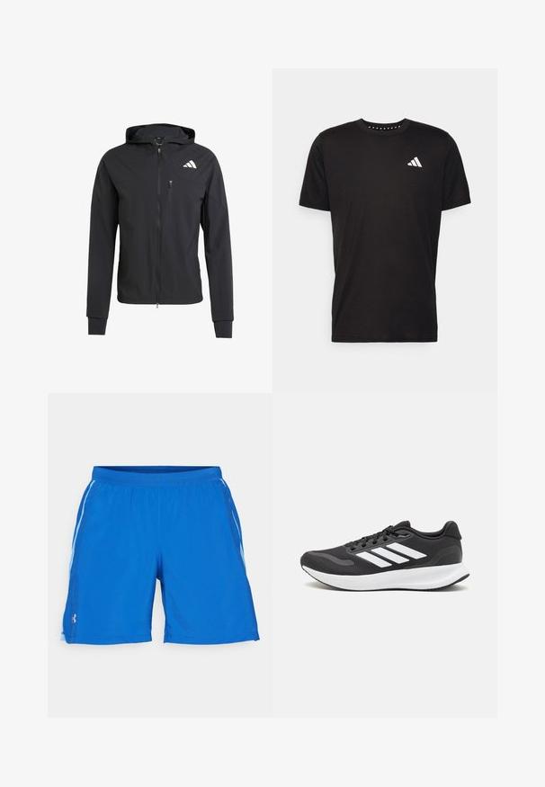 Casaco com capuz preto, com fecho éclair, feito de um tecido suave e leve. Possui um bolso no peito com fecho éclair e detalhe do logo no lado superior esquerdo.; T-shirt de algodão preto com mangas curtas, decote redondo e um logo branco no lado esquerdo do peito. Textura suave e design simples.; Calções atléticos azuis feitos de material leve, apresentando um cinto ajustável e riscas brancas de lado para um detalhe adicional.; Shoe de atletismo preto com parte superior em malha respirável, detalhes brancos e sola almofadada. Apresenta o logotipo das três riscas na lateral.