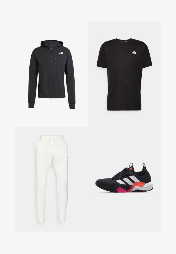 Schwarze Zip-Hoodie-Jacke aus weichem, leichtem Stoff. Verfügt über eine mit Reißverschluss verschlossene Brusttasche und ein Logodetail auf der oberen linken Seite.; Schwarzes Baumwoll-T-Shirt mit kurzen Ärmeln, Rundhalsausschnitt und einem weißen Logo auf der linken Brust. Glatte Textur und einfaches Design.; Weiße Baumwoll-Jogginghosen mit einem elastischen Bund, Kordelzug, Seitentaschen und schmalen Bündchen. Subtile Markenkennzeichnung an der Seite.; Schwarzer Sportschuh mit weißen Streifen, strukturierter Oberseite und einer klobigen Sohle, die orangefarbene, rosa und weiße Akzente aufweist. Geflochtenes Design mit Zugschlaufe.