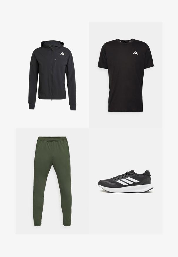 Čierna zipsová bunda s kapucňou vyrobená z mäkkej, ľahkej tkaniny. Má zipsovú náprsné vrecko a logo umiestnené v hornej ľavej časti.; Čierne bavlnené tričko s krátkymi rukávmi, klasickým výstrihom a bielym logom na ľavej strane hrude. Hladká textúra a jednoduchý dizajn.; Zelené polyesterové teplákové nohavice s elastickým pásom, zúženými nohami a bočnými vreckami, s vyšitými detailmi a hladkým povrchom.; Čierna športová obuv s priedušným sieťovaným zvrškom, bielymi akcentmi a polstrovanou podrážkou. Na bočnej strane sa nachádza logo so tromi pruhmi.