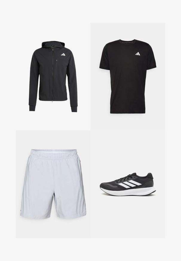 Fekete zipzáras kapucnis dzseki puha, könnyű anyagból. Zsebes mellzsebbel és logó részlettel a bal felső oldalon.; Fekete pamut póló rövid ujjal, kerek nyakkivágással, bal mellrészen fehér logóval. Sima textúra és egyszerű dizájn.; adidas Performance SHORT - Sport rövidnadrágok - halo silver; Fekete sportcipő légáteresztő hálós felsőrésszel, fehér kiegészítőkkel és párnázott talppal. Az oldalon három csíkkal ellátott logó található.