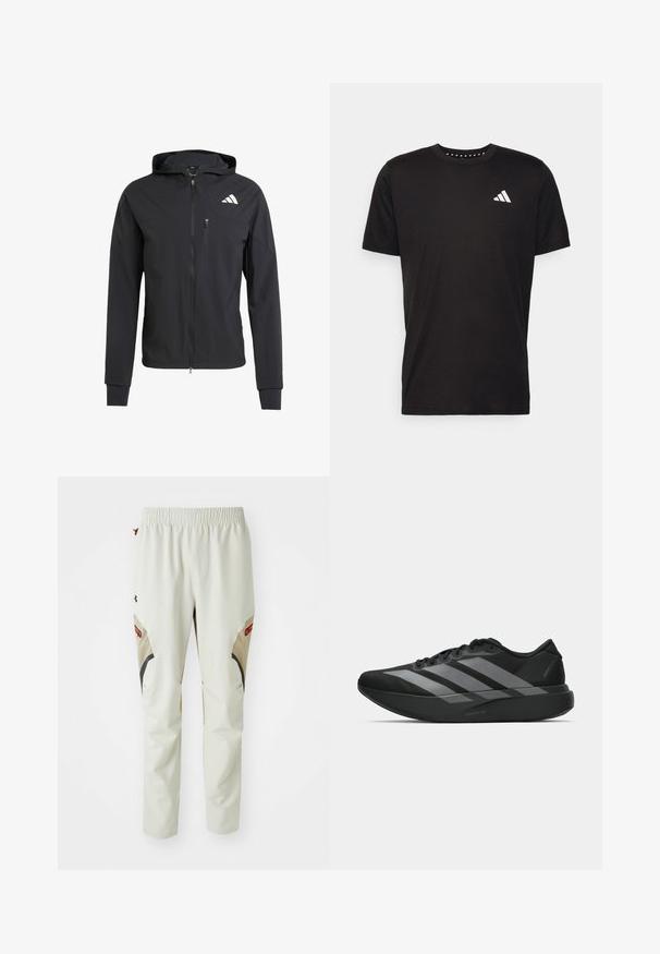 Zwarte ritssluiting capuchonjack van zacht, lichtgewicht materiaal. Heeft een ritszak op de borst en een logo-detail aan de bovenste linkerkant.; Zwarte katoenen t-shirt met korte mouwen, ronde hals en een wit logo op de linkerkant van de borst. Gladde textuur en eenvoudig ontwerp.; Lichtbeige broek met een elastische tailleband, voorzien van zwarte en bruine accenten en twee grote zijzakken, gemaakt van glad, duurzaam materiaal.; Zwarte sportieve schoenen met een lichtgewicht ontwerp, voorzien van drie opvallende grijze strepen, een gladde textuur en een gevormde zool.