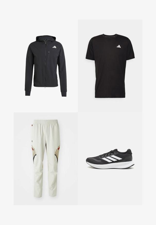 Crna zip-jakna s kapuljačom izrađena od mekog, laganog materijala. Ima ziper džep na grudima i detalj s logotipom na gornjoj lijevoj strani.; Crna pamučna majica s kratkim rukavima, okruglim izrezom i bijelim logotipom na lijevoj strani prsnog koša. Glatka tekstura i jednostavan dizajn.; Svijetlosmeđe hlače s elastičnom waistbandom, s crnim i smeškim naglascima i dva velika bočna džepa, izrađene od glatkog, izdržljivog materijala.; Crne atletske tenisice s prozračnom mrežicom na gornjem dijelu, bijelim akcentima i mekanim potplatom. Imaju logo s tri pruge sa strane.