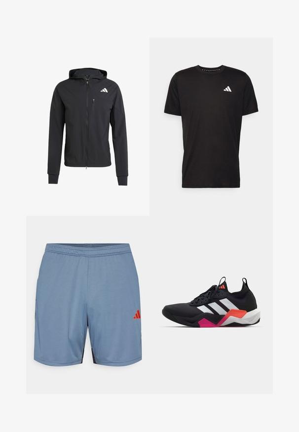 Black zip-up hooded jacket made of soft, lightweight fabric. Features a zippered chest pocket and logo detail on the upper left side.; Black cotton t-shirt with short sleeves, crew neckline, and a white logo on the left chest. Smooth texture and simple design.; Light blue athletic shorts with black side accents, elastic waistband, and an orange Adidas logo. Made from smooth, lightweight fabric.; Black athletic shoe with white stripes, textured upper, and a chunky sole featuring orange, pink, and white accents. Laced design with pull tab.