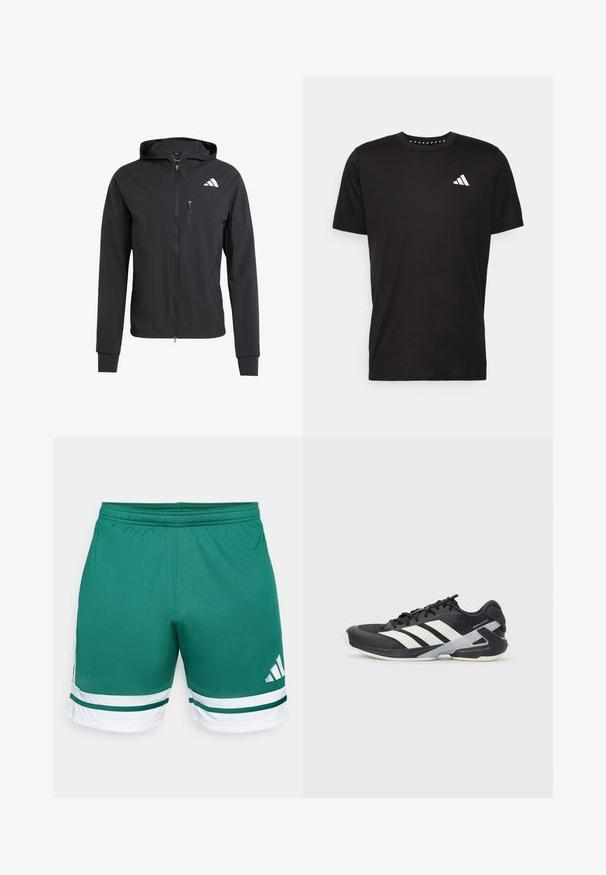 Črna zip-up kapuca iz mehkega, lahkotnega materiala. Ima žep na prsih z zadrgo in detajl logotipa na zgornji levi strani.; Črna bombažna majica s kratkimi rokavi, okroglim izrezom in belim logotipom na levem prsnem predelu. Gladka tekstura in preprost dizajn.; Zelene atletske kratke hlače z elastičnim pasom, ki imajo bele črte in poudarke. Narejene iz gladkega materiala s logotipom na strani.; Črne atletske čevlje z belimi črtami, mrežastim zgornjim delom, zaobljenim nosom in blaženim podplatom. Imajo teksturiran petni del in varen sistem vezalk.