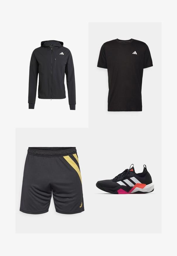 Fekete zipzáras kapucnis dzseki puha, könnyű anyagból. Zsebes mellzsebbel és logó részlettel a bal felső oldalon.; Fekete pamut póló rövid ujjal, kerek nyakkivágással, bal mellrészen fehér logóval. Sima textúra és egyszerű dizájn.; Fekete sportnadrág sárga átlós csíkkal, elasztikus derékkal és sima textúrával, alkalmas sporthoz és edzéshez.; Fekete sportcipő fehér csíkokkal, texturált felső résszel és tömzsi talppal, narancssárga, rózsaszín és fehér díszítéssel. Fűzős kivitel, húzófüllel.